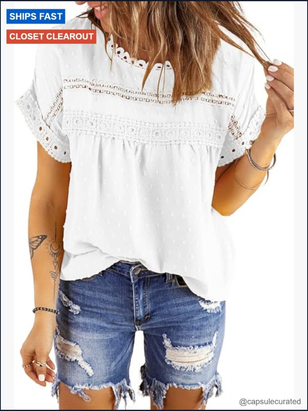 Crochet Lace Crewneck Short Sleeve Blouse Top
